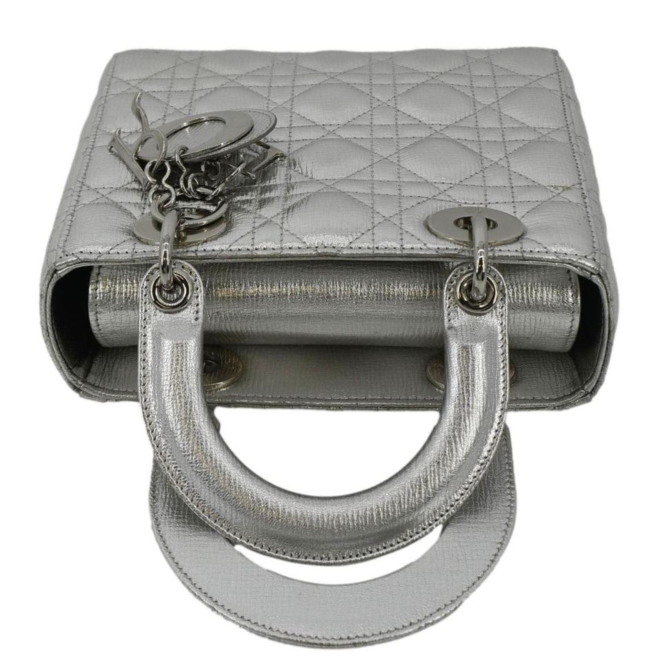 Christian Dior Lady Dior Lambskin Leather Shoulder Bag Metallic Silver