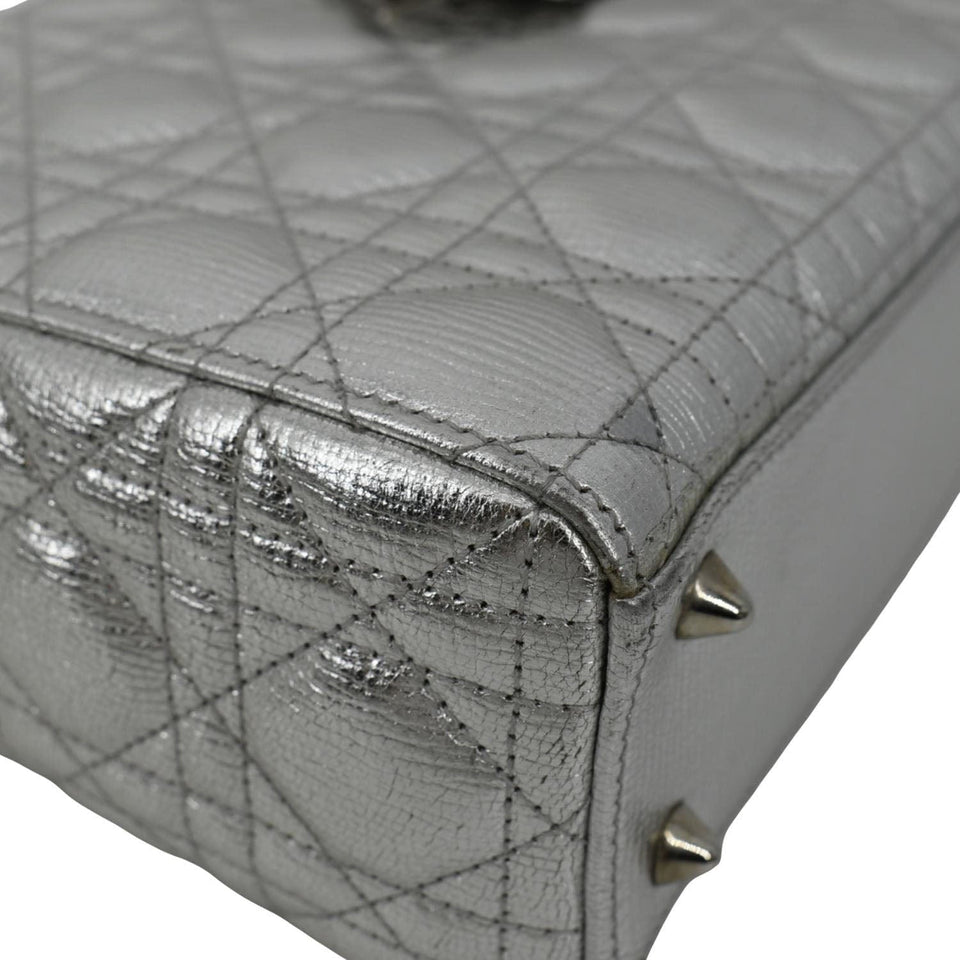Christian Dior Lady Dior Lambskin Leather Shoulder Bag Metallic Silver