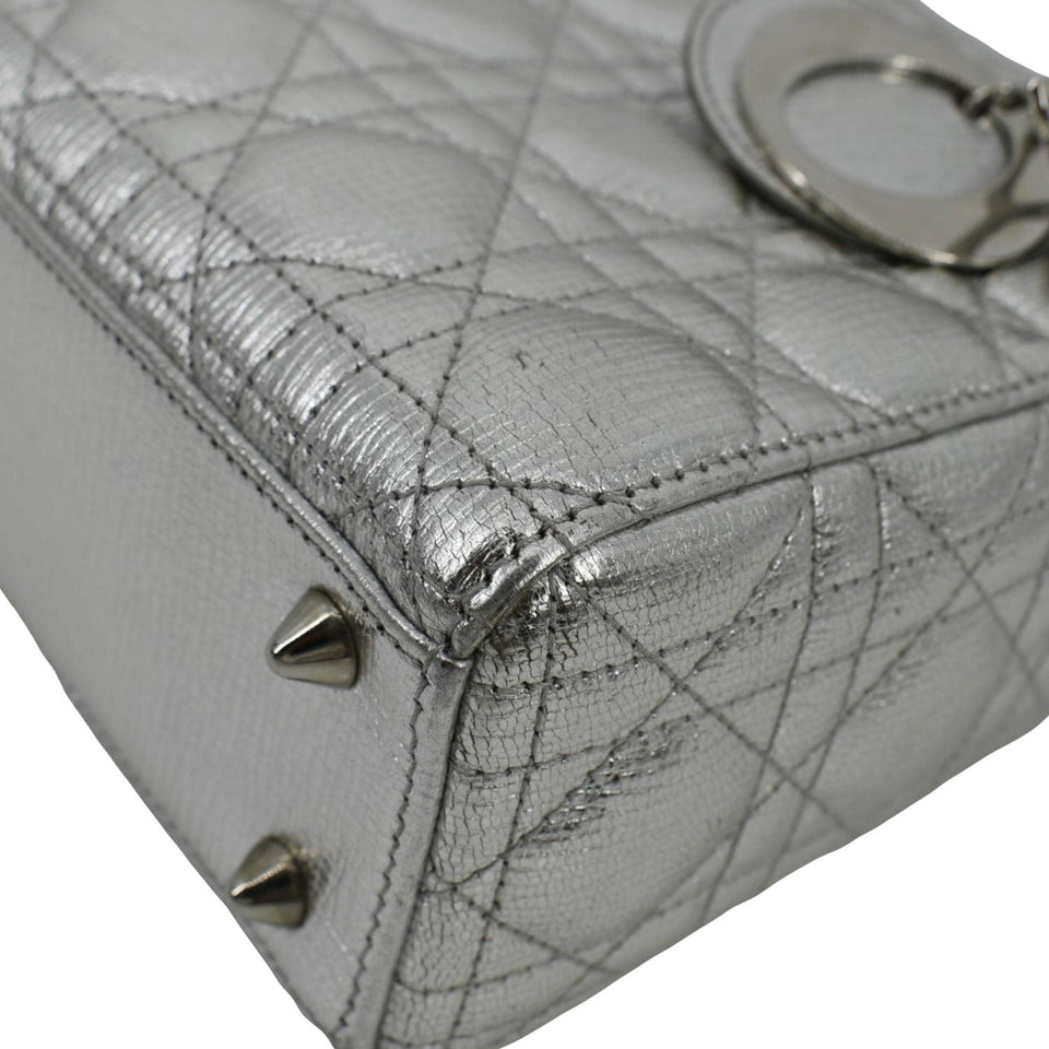 Christian Dior Lady Dior Lambskin Leather Shoulder Bag Metallic Silver