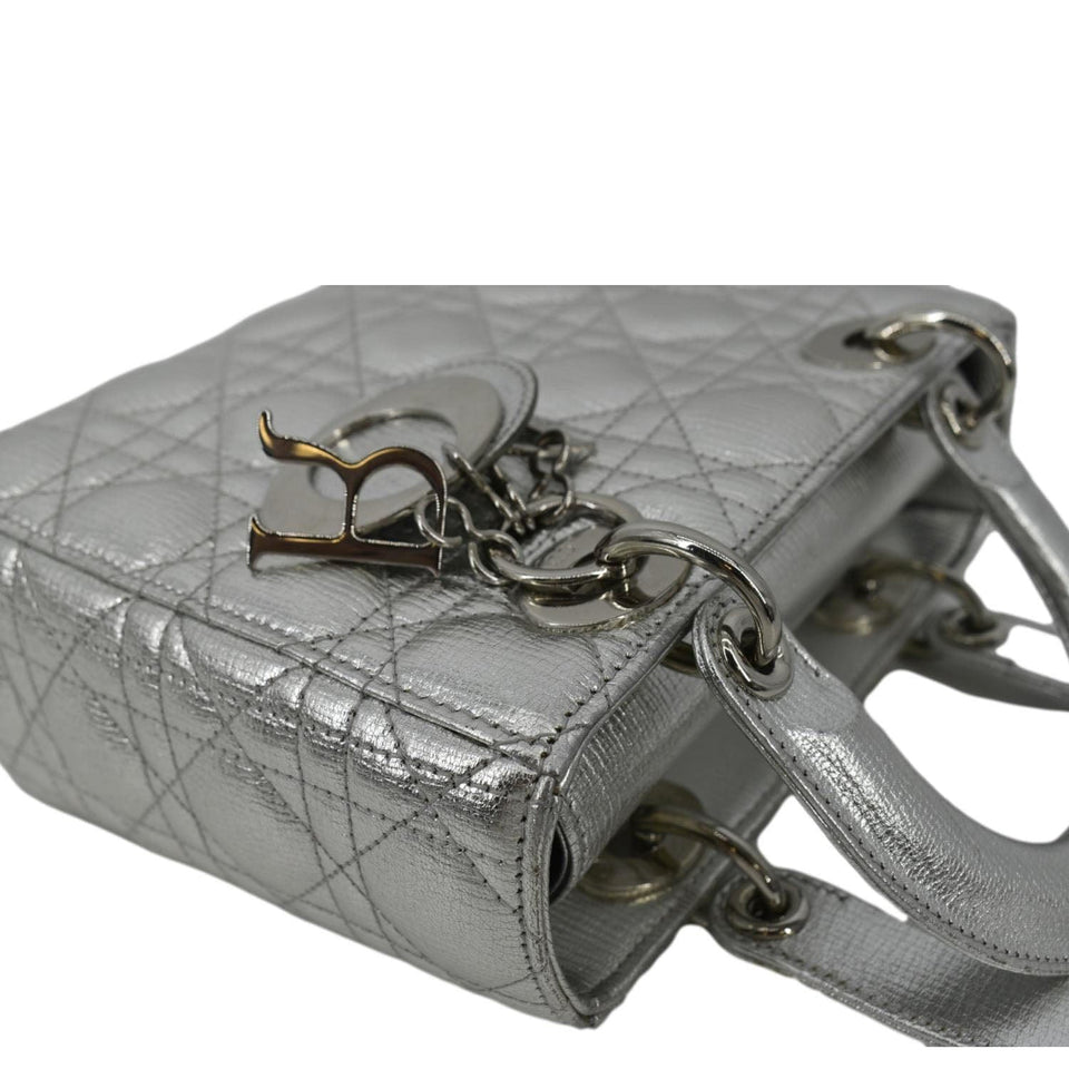 Christian Dior Lady Dior Lambskin Leather Shoulder Bag Metallic Silver