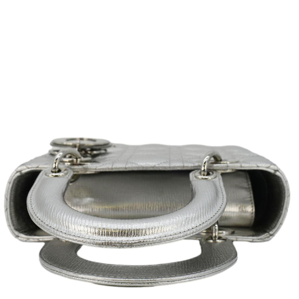 Christian Dior Lady Dior Lambskin Leather Shoulder Bag Metallic Silver