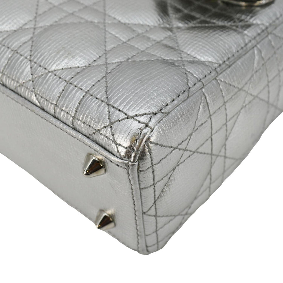 Christian Dior Lady Dior Lambskin Leather Shoulder Bag Metallic Silver