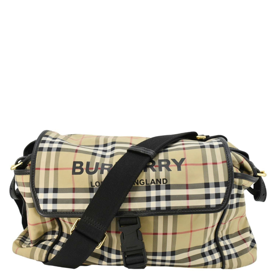Luxury Burberry Vintage Check Flap Nylon Diaper Bag Beige