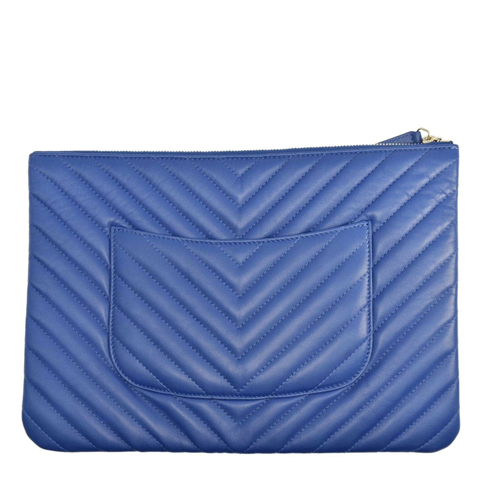 Chanel O Case Chevron Leather Clutch Bag Blue