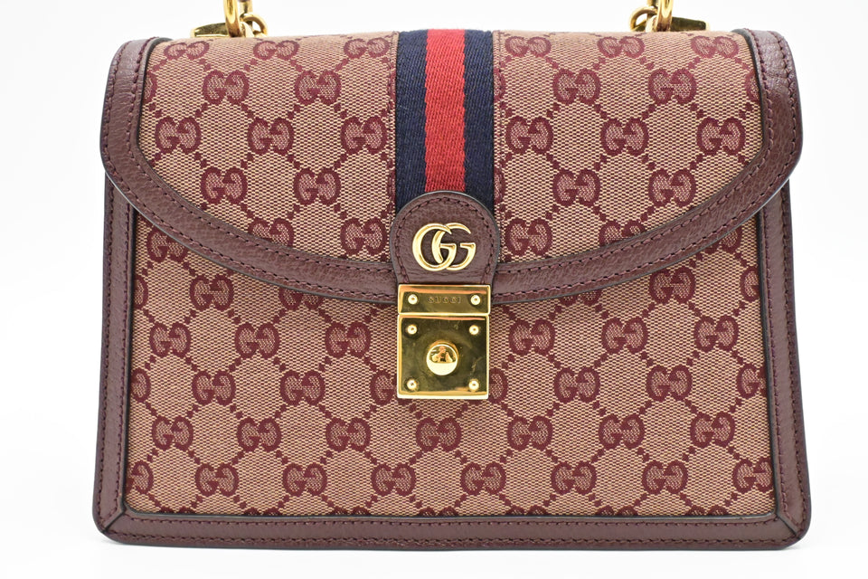 Gucci Ophidia Top Handle Bag in Burgundy GG Canvas & Leather