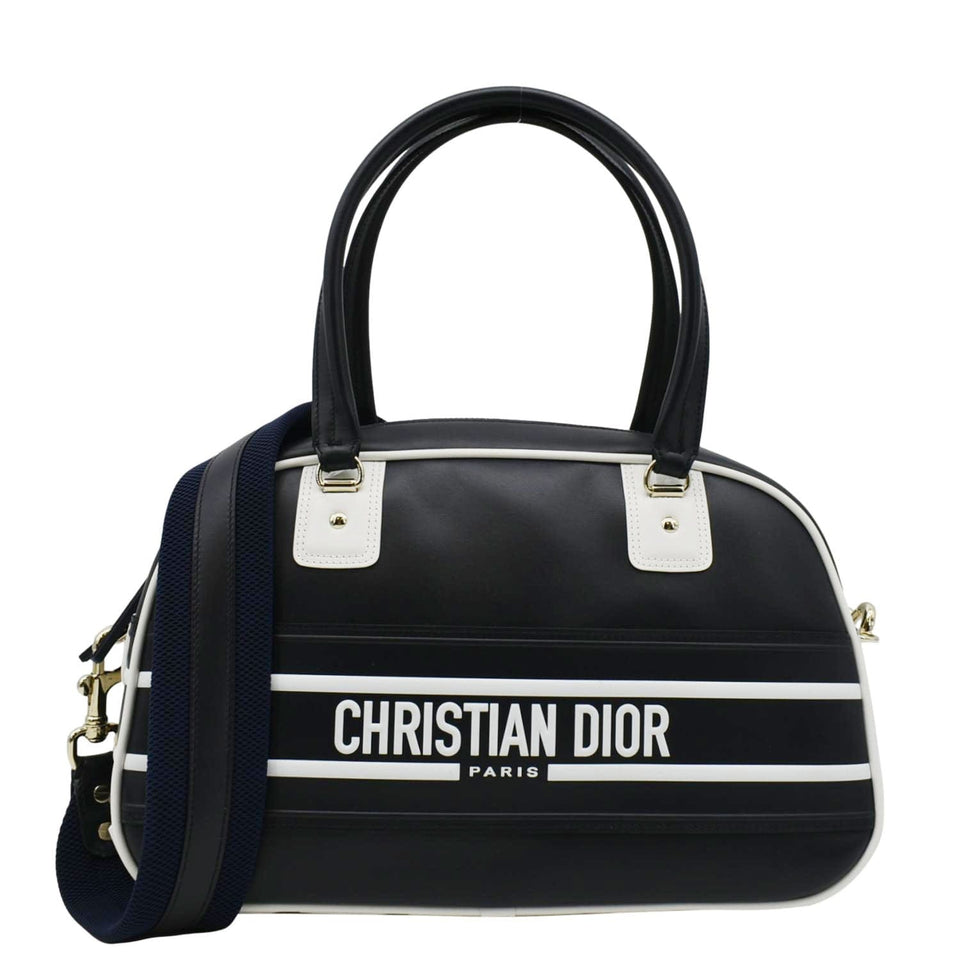 Christian Dior Vibe Zip Bowling Medium Leather Shoulder Bag Navy Blue