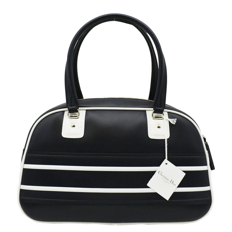Christian Dior Vibe Zip Bowling Medium Leather Shoulder Bag Navy Blue
