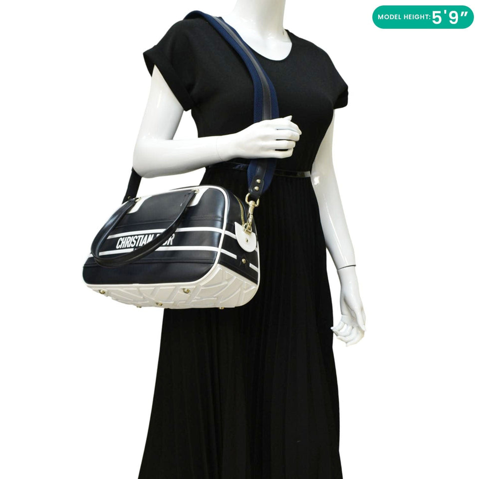 Christian Dior Vibe Zip Bowling Medium Leather Shoulder Bag Navy Blue
