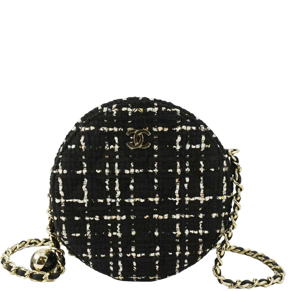 Chanel Round Quilted Tweed Clutch Crossbody Bag Black