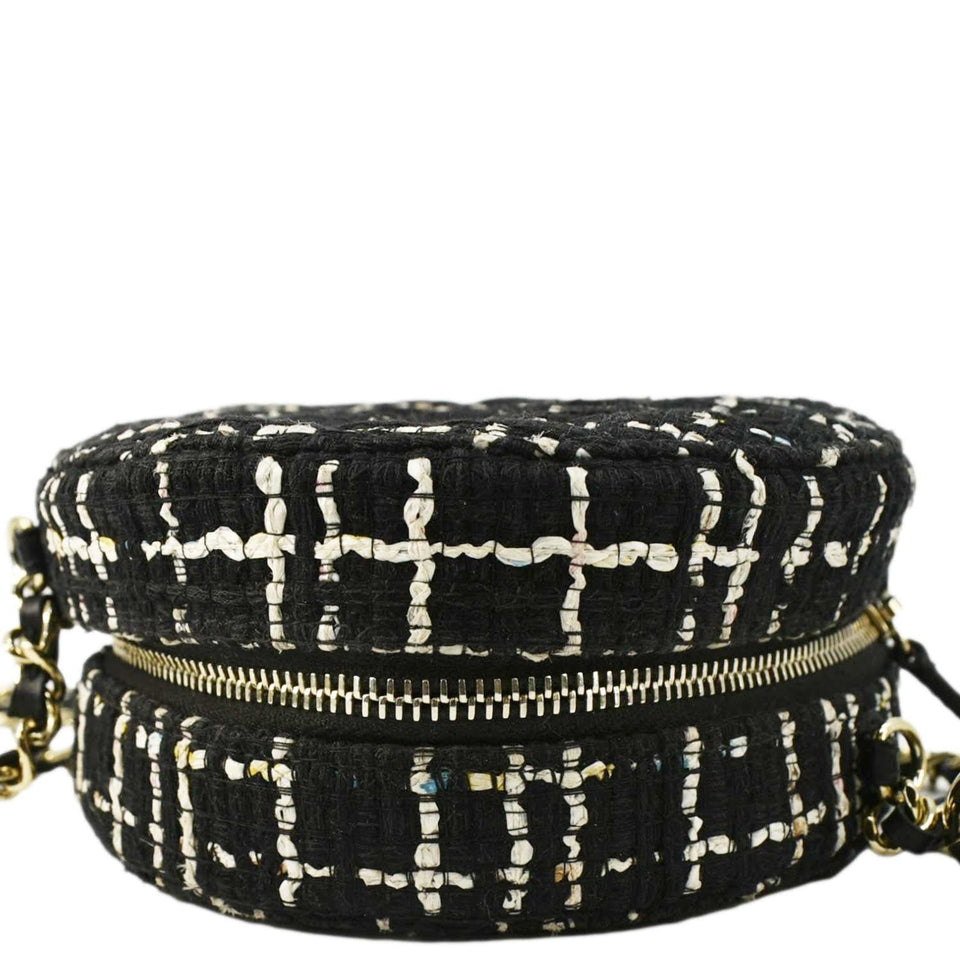 Chanel Round Quilted Tweed Clutch Crossbody Bag Black