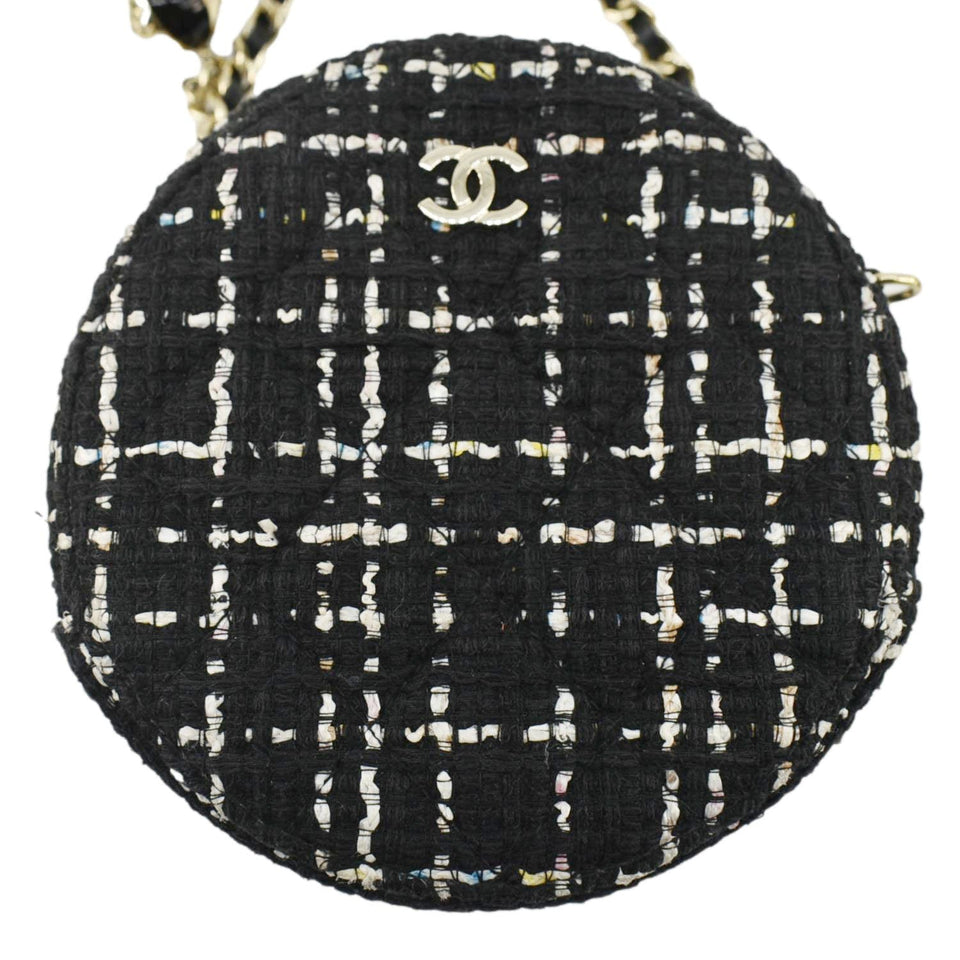 Chanel Round Quilted Tweed Clutch Crossbody Bag Black