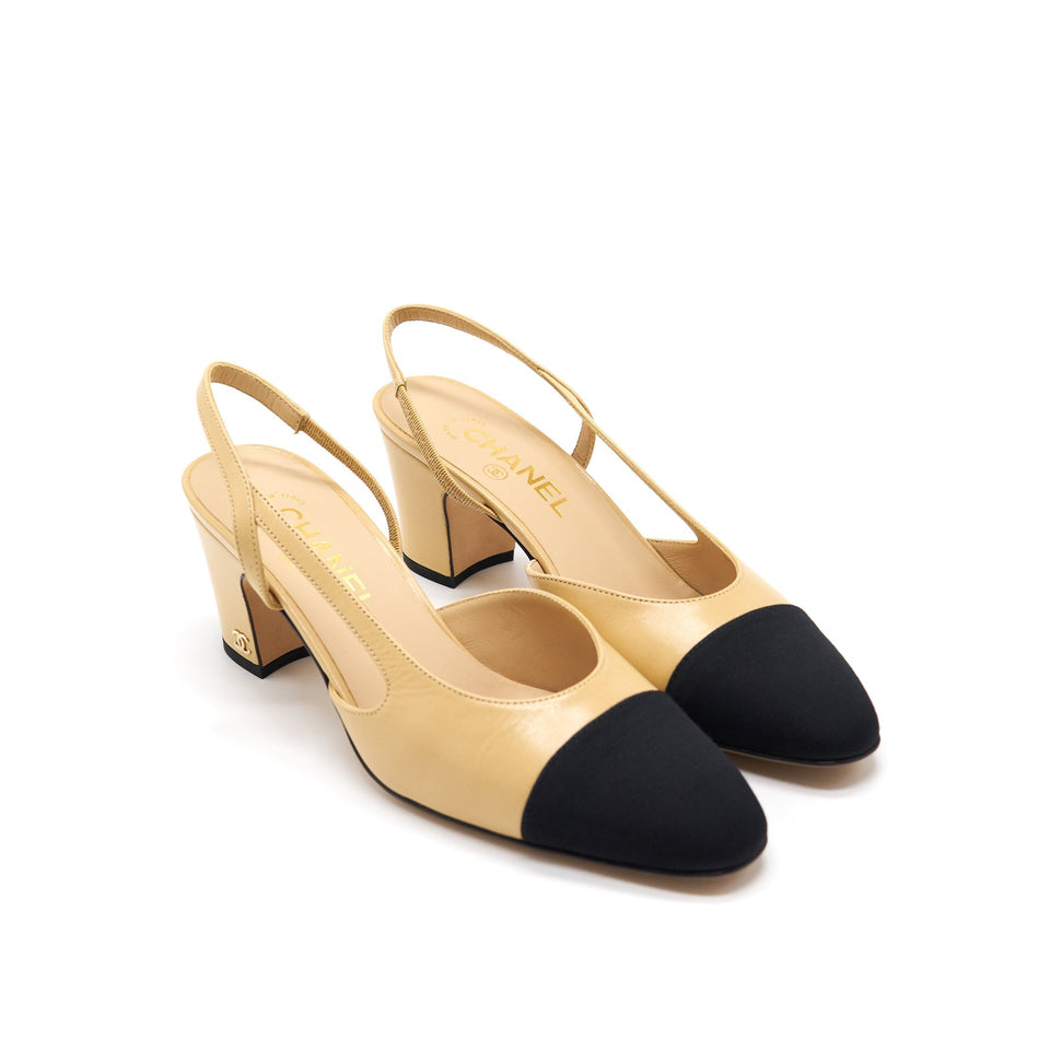Chanel SLING BACK BEIGE & BLACK SIZE38