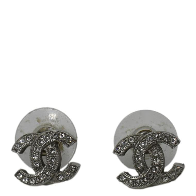 Chanel CC Crystal Earrings Silver