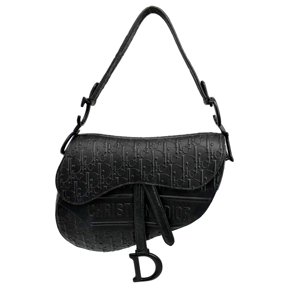 Christian Dior Saddle Oblique Embossed Calfskin Satchel Bag Black