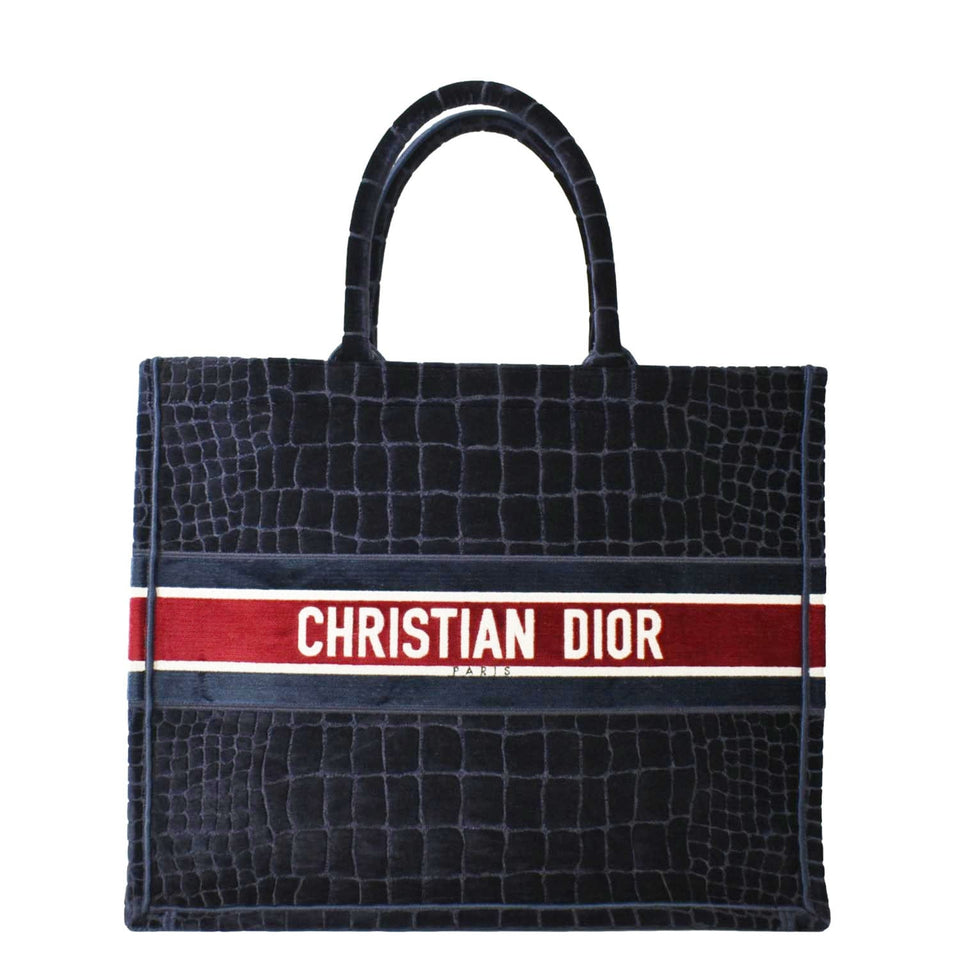 Christian Dior Large Book Embossed Velvet Tote Bag Navy