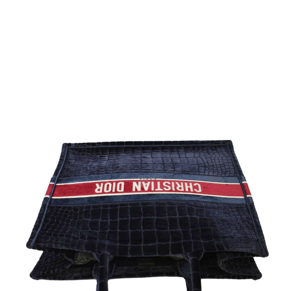 Christian Dior Large Book Embossed Velvet Tote Bag Navy