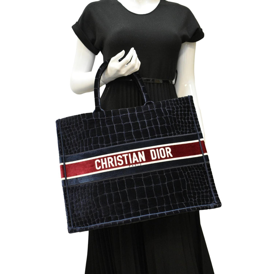 Christian Dior Large Book Embossed Velvet Tote Bag Navy