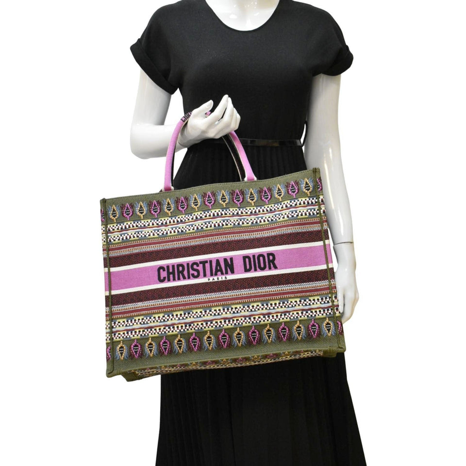 Christian Dior Large Book Embroidered Canvas Tote Bag Pink