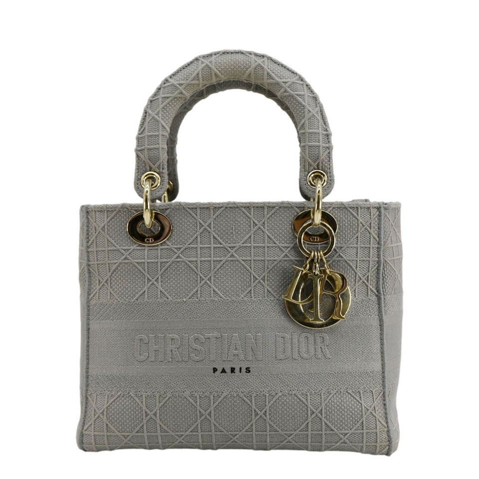 Christian Dior Lady Dior D-Lite Embroidered Cannage Canvas Shoulder Bag Gray
