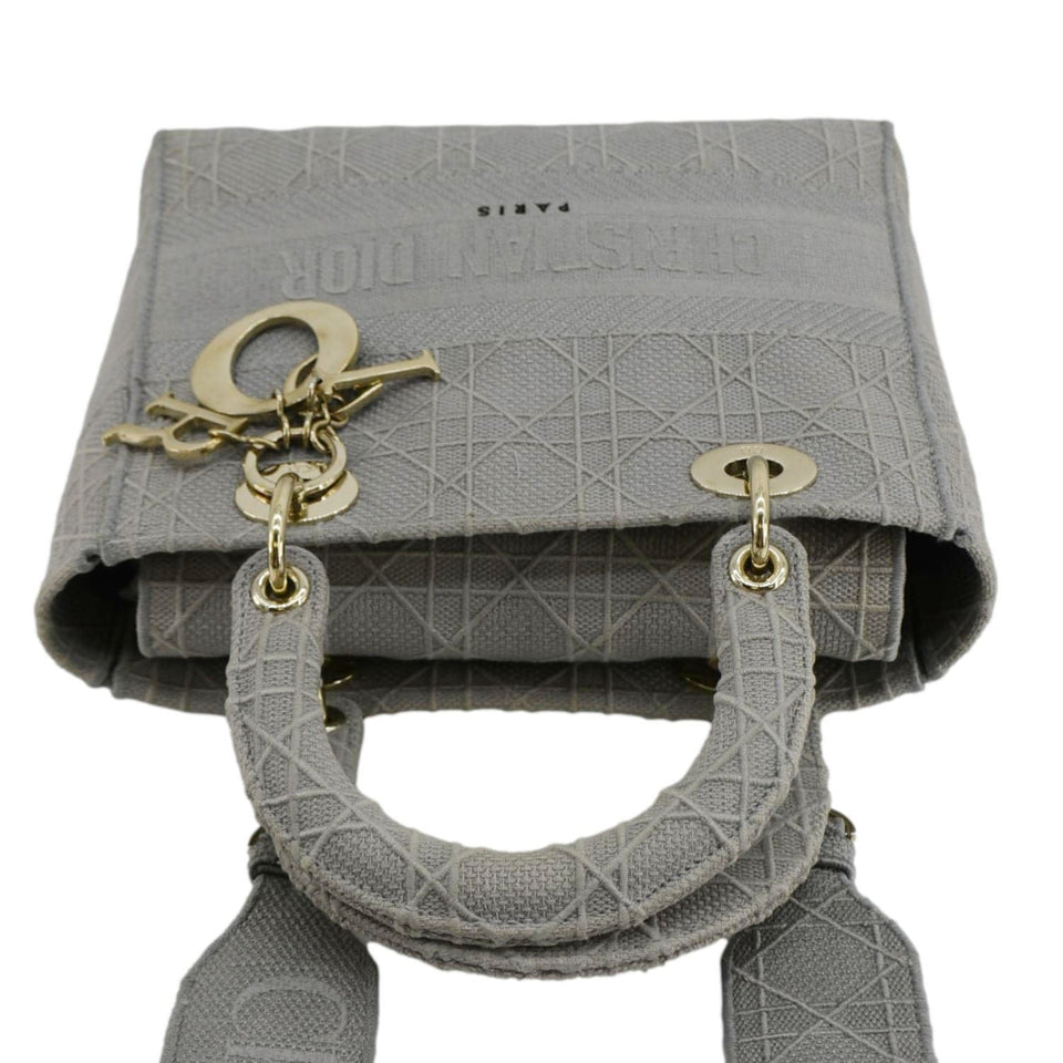 Christian Dior Lady Dior D-Lite Embroidered Cannage Canvas Shoulder Bag Gray