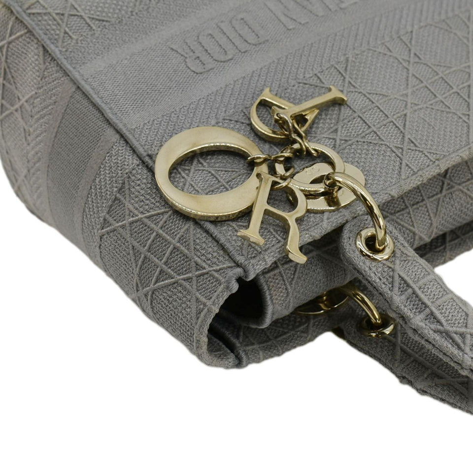 Christian Dior Lady Dior D-Lite Embroidered Cannage Canvas Shoulder Bag Gray