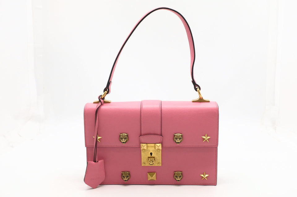 Gucci Cat Lock Shoulder Bag in Pink Leather