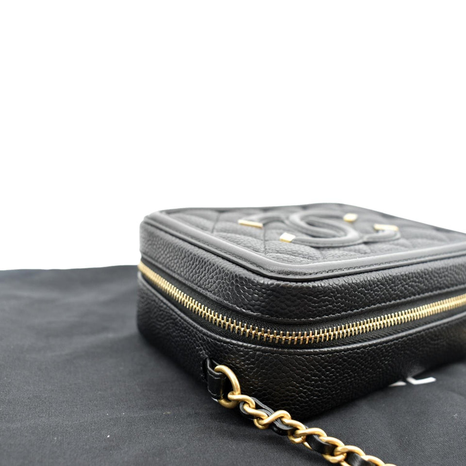 Chanel CC Filigree Vanity Quilted Caviar Leather Clutch Shoulder Bag Black