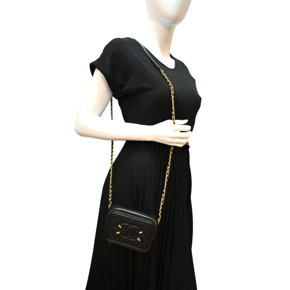 Chanel CC Filigree Vanity Quilted Caviar Leather Clutch Shoulder Bag Black