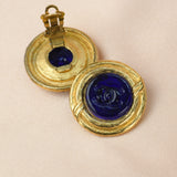 Chanel Vintage Blue Gripoix CC Button Motif Clip-on Earrings