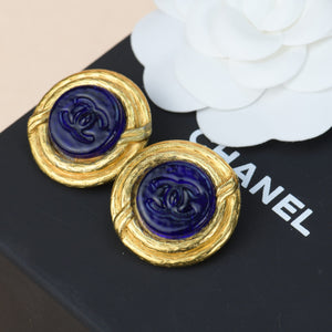 Chanel Vintage Blue Gripoix CC Button Motif Clip-on Earrings