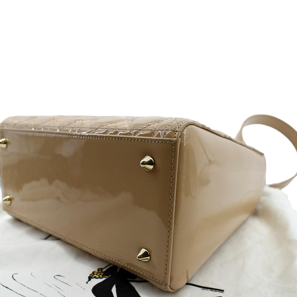 Christian Dior Medium Lady Dior Cannage Patent Leather Shoulder Bag Tan