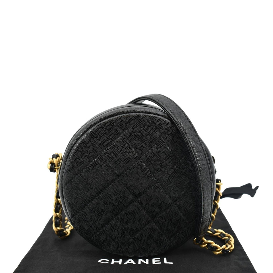 Chanel Round Quilted Caviar Leather Clutch Crossbody Bag Black