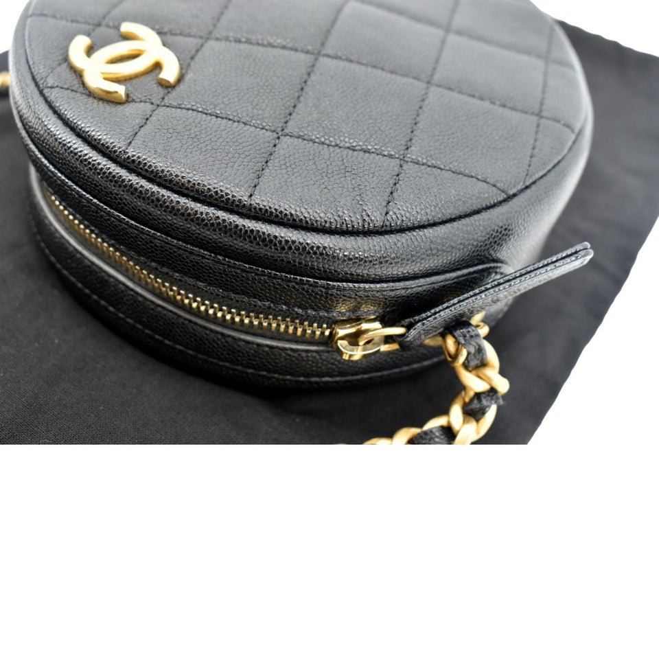 Chanel Round Quilted Caviar Leather Clutch Crossbody Bag Black