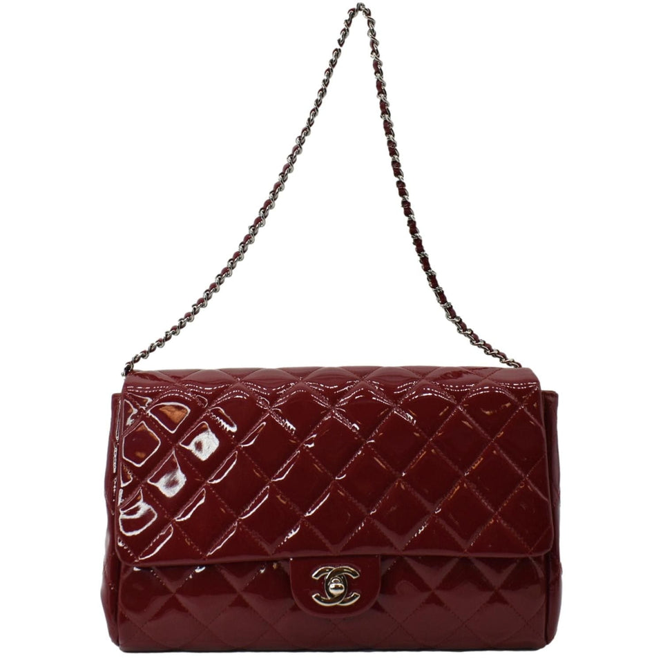 Chanel Classic Flap Quilted Patent Leather Chain Clutch Bag Red
