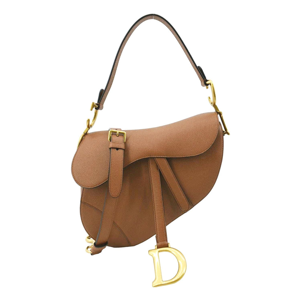 Christian Dior Saddle Grained Calfskin Leather Satchel Bag Cognac