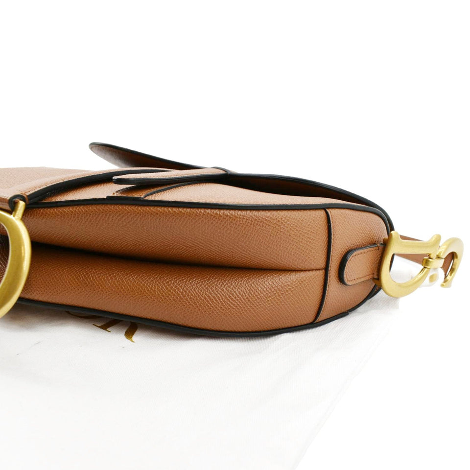 Christian Dior Saddle Grained Calfskin Leather Satchel Bag Cognac