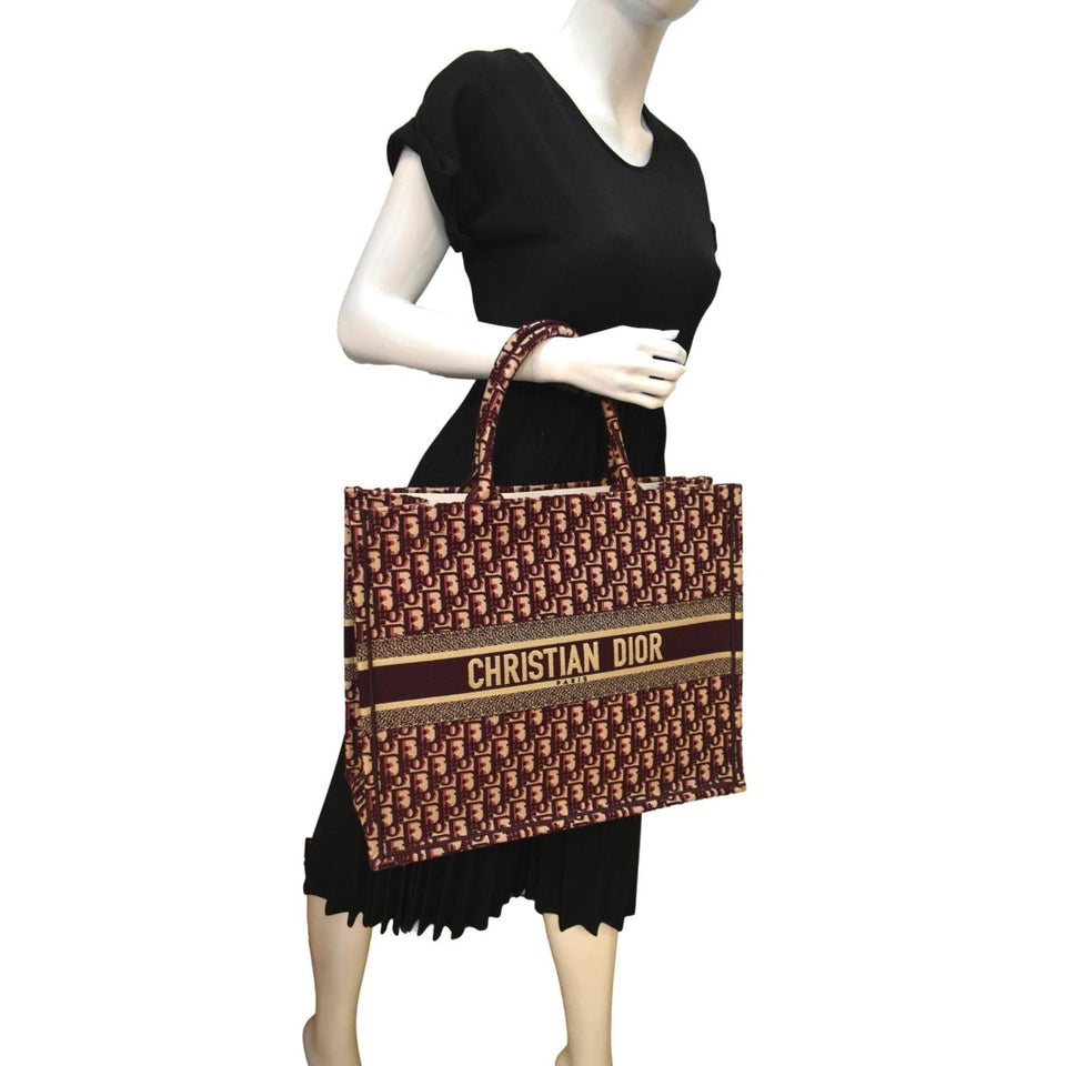 Christian Dior Book Oblique Embroidered Canvas Tote Bag Burgundy