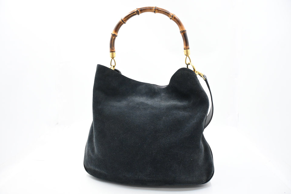 Gucci 2-Way Bamboo Tote Bag in Dark Blue Suede