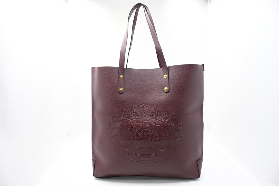 Burberry Large Embossed Tote in Burgundy Leather