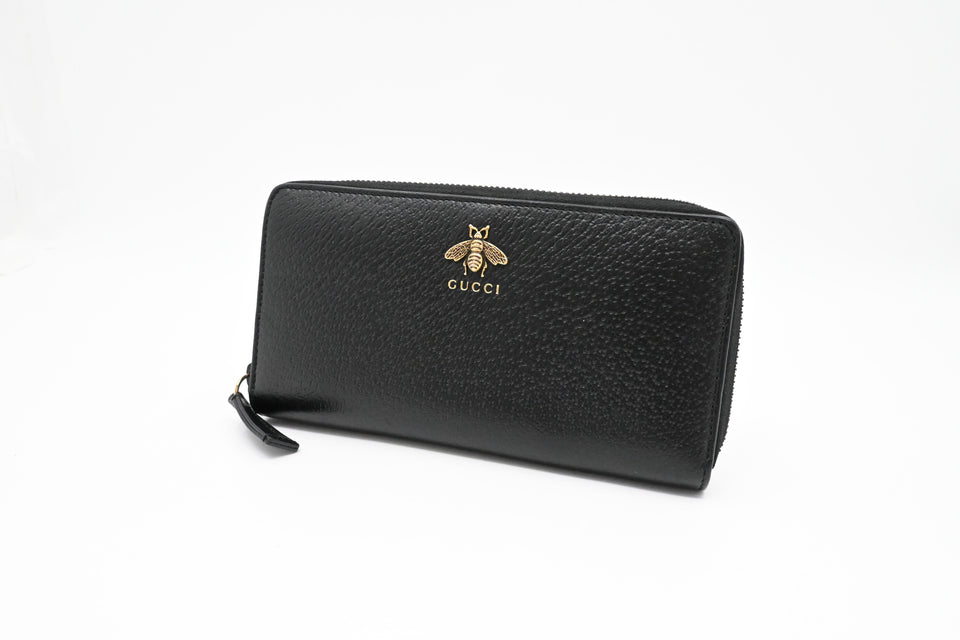 Gucci Long Zippy Bee Wallet in Black Leather