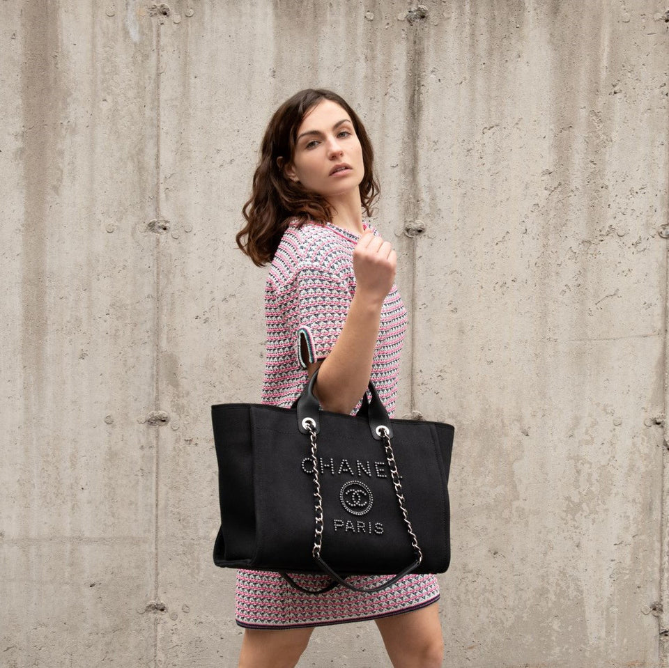Chanel Black Canvas Mixed Fibers Pearl Large Deauville Tote