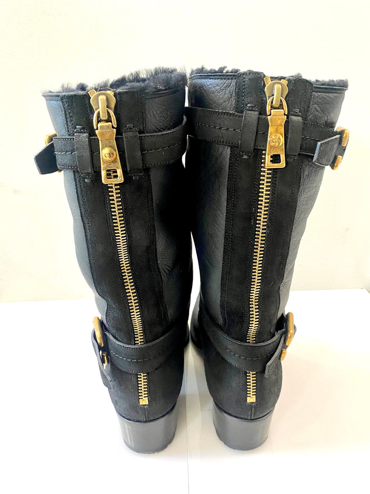 Dior NUBUCK AND LEATHER BUCKLE STRAP MID CALF BOOTS