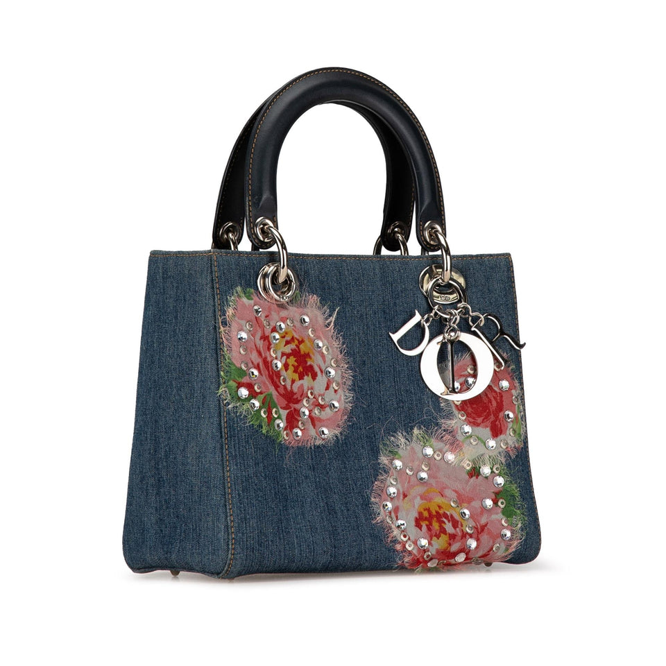 Dior Medium Denim Floral Embellished Lady Dior (SHG-9x1Q2j)