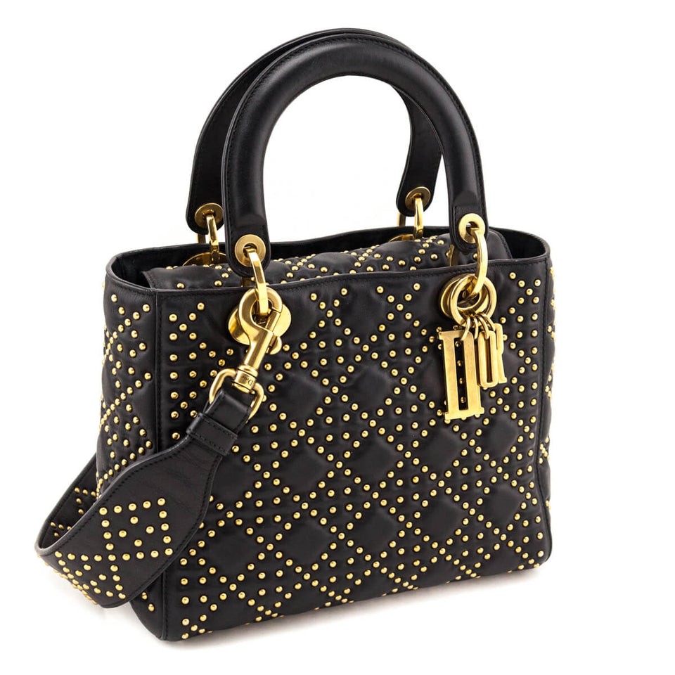 Dior Black Calfskin Studded Cannage Medium Supple Lady Dior