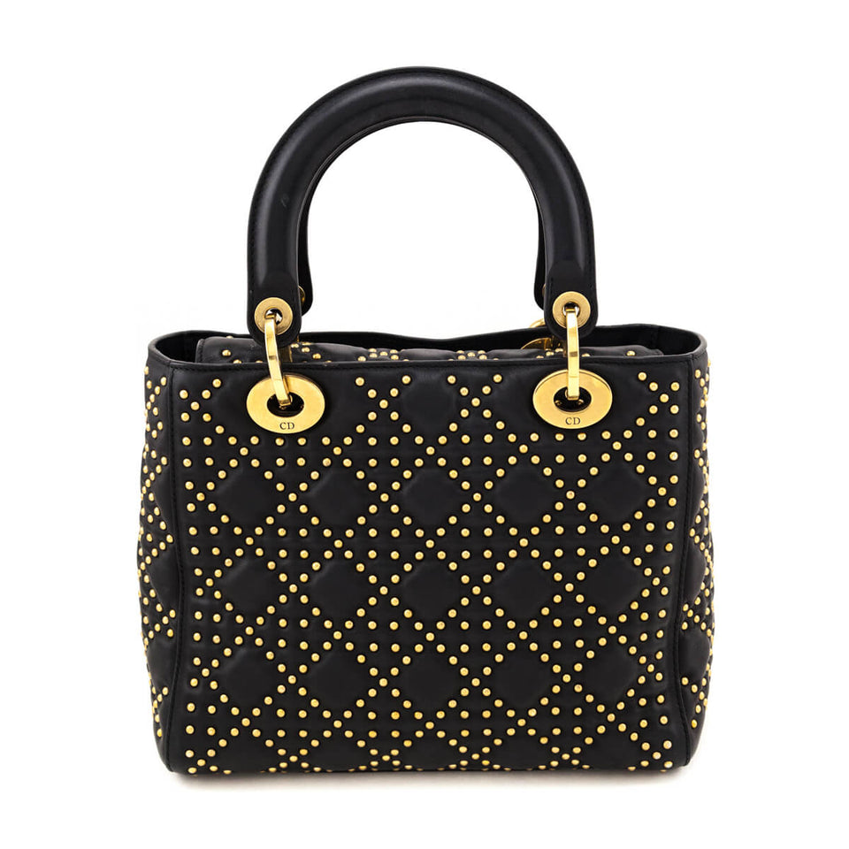 Dior Black Calfskin Studded Cannage Medium Supple Lady Dior