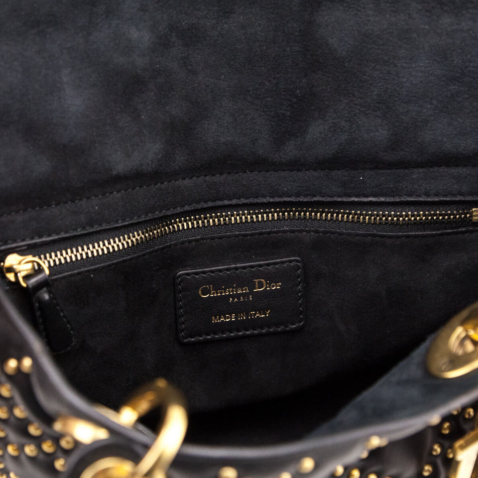 Dior Black Calfskin Studded Cannage Medium Supple Lady Dior