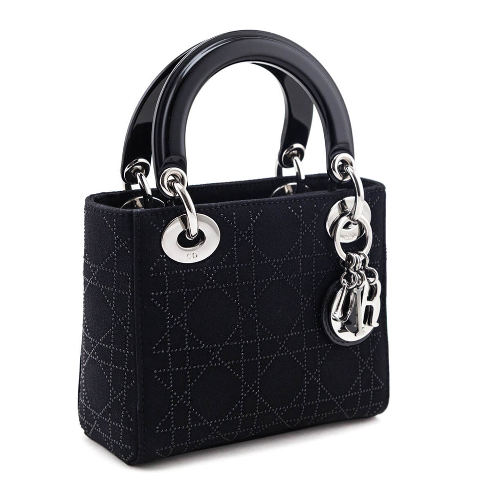 Dior Black Canvas Crystal Studded Cannage Mini Lady Dior