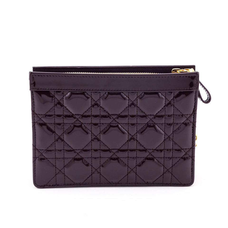 Dior Burgundy Patent Quilted Cannage Caro Zipped Pouch With Chain