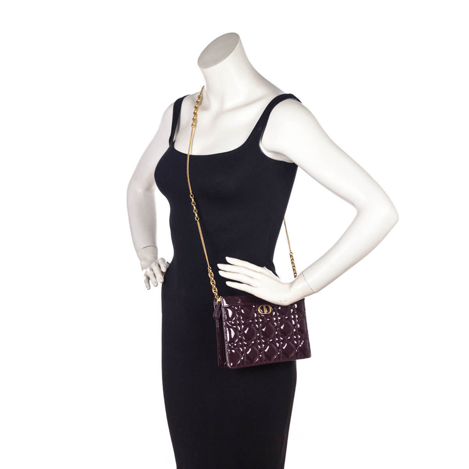 Dior Burgundy Patent Quilted Cannage Caro Zipped Pouch With Chain