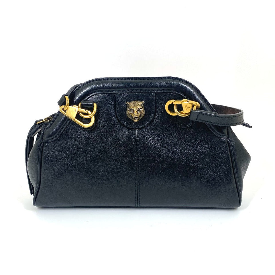 Gucci Shoulder Bag 524620 leather black GG Marmont Liber Tiger Cat Head Women